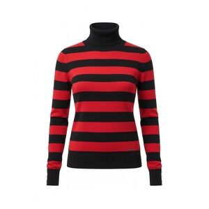 Tommy Hilfiger Womens Red Black Striped Turtleneck Sweater Gold Button Cuff L